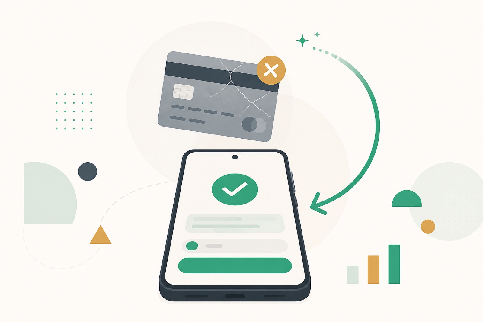 Illustration of a cracked payment card looping back to a phone with a successful recovery checkmark.