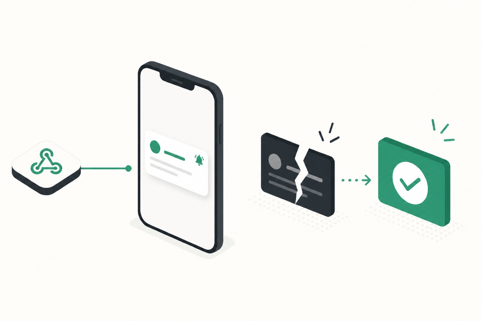 Diagram of a RevenueCat webhook triggering a phone push, then a failed card becoming a recovered checkmark.